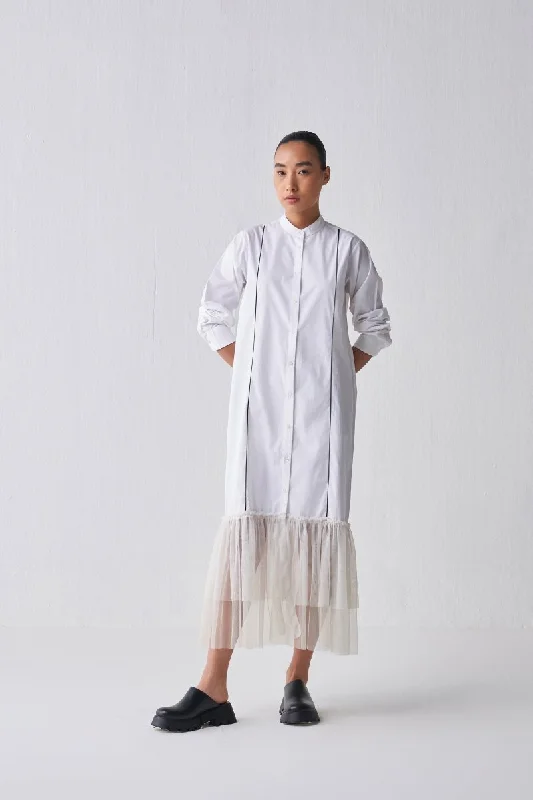 Gathered Hem Shirt Dress - White