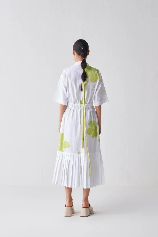 Collared Side Elastic Waist Dress - Lime Print