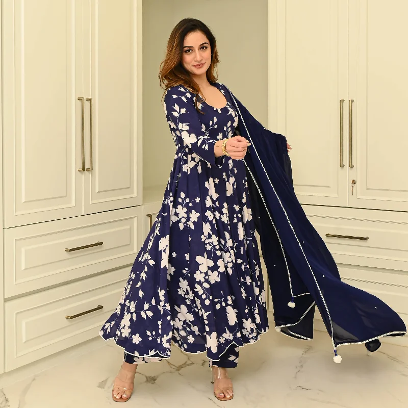 Bunaai Blue Floral Muslin Suit Set