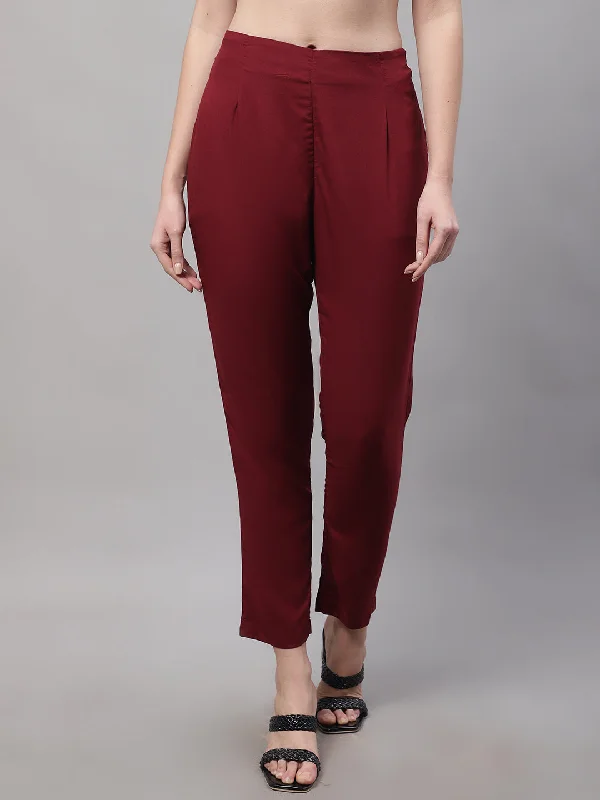 Women's Regular Slim Fit Maroon Flat Front Mid rise Pants