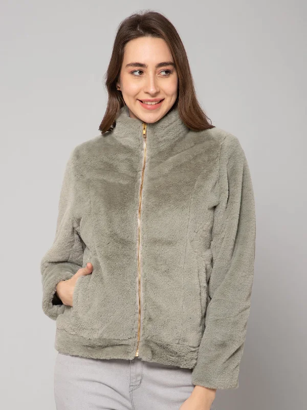 Women's Casual  Green Soft Faux Fur  Jacket