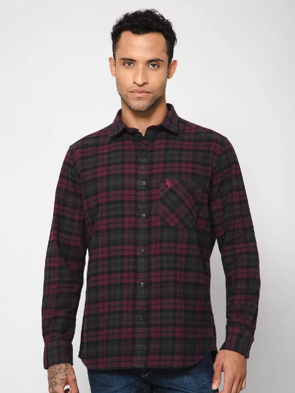 Men's Maroon Casual Brushed Medium Checks Full Sleeve Shirt