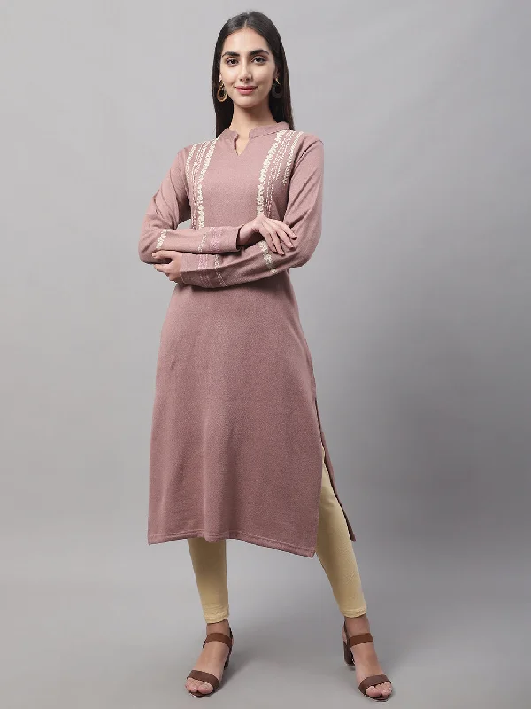 Women's Casual Mandarin Collar Pink Embroidered Calf length Knit Kurti