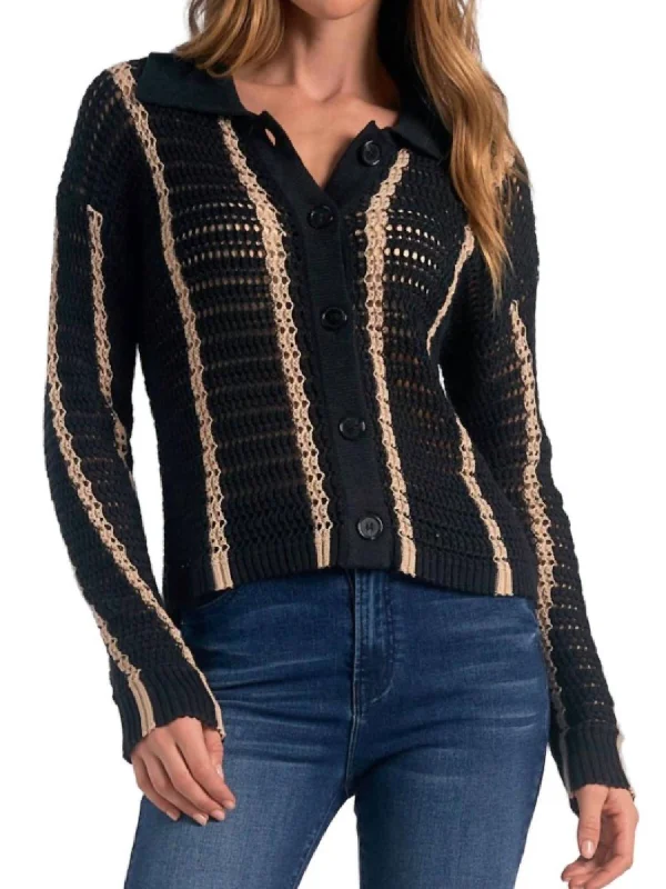 Striped Button Front Sweater In Black