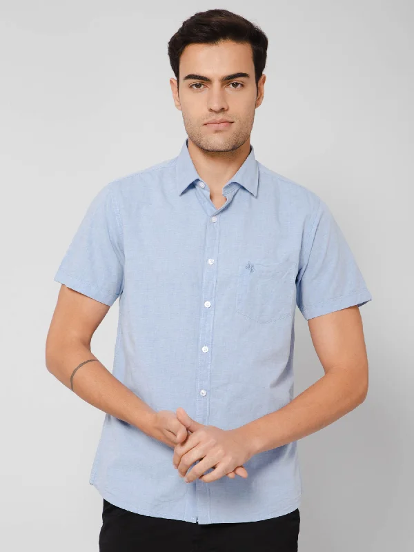 Men's Sky Blue Casual Plain Half Sleeve Shirt