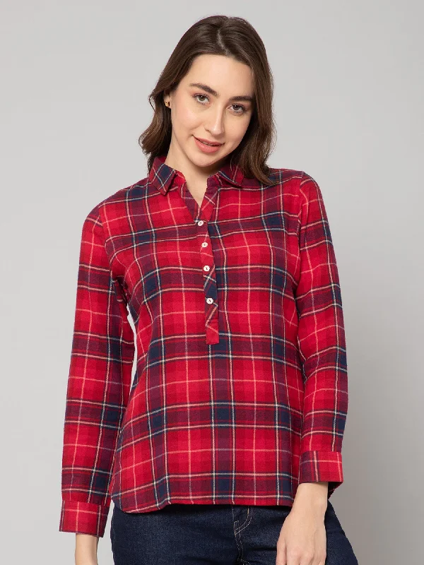 Women's Casual  Red Check Spread Collar Tunic