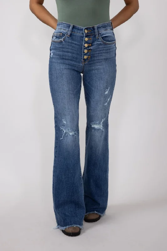 Judy Blue Mid Rise Medium Wash Flare Frayed Hem Distressed Jeans for Women | 82638REG