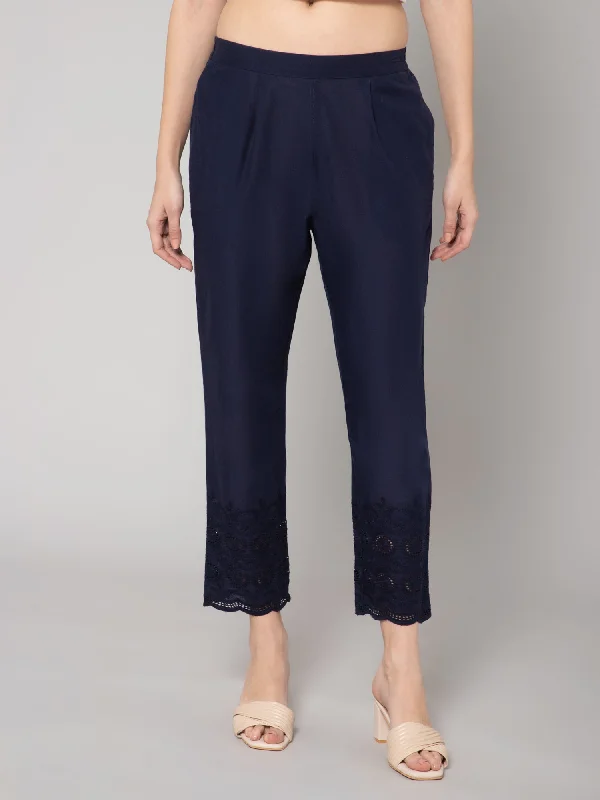 Women's Regular Slim Fit Navy Blue Pleated Front Mid rise Ethnic Pant