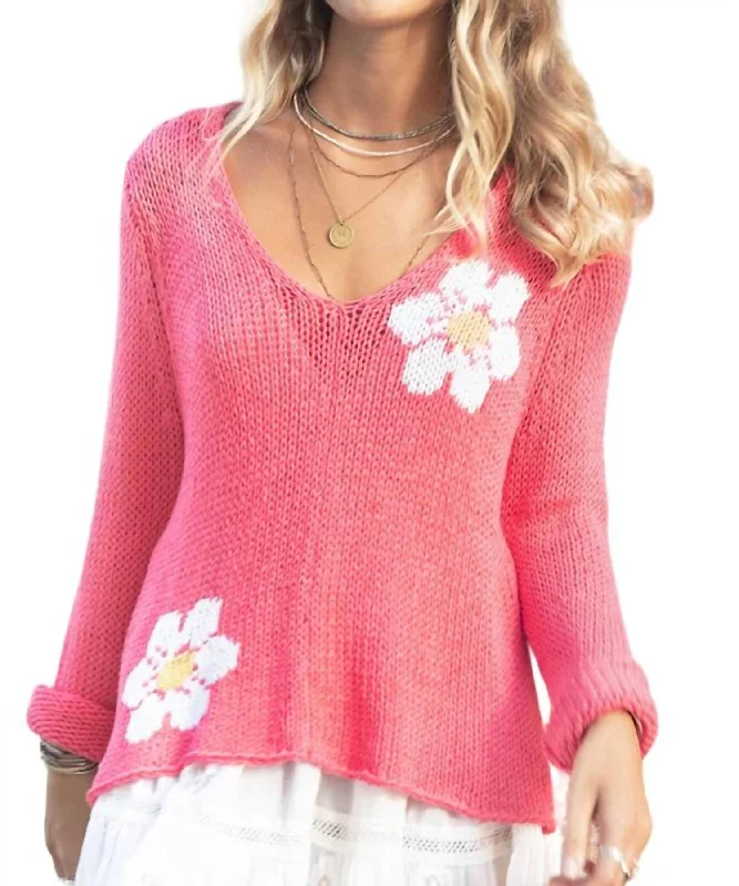 Daisy V Cotton Sweater In Coral Hibiscus