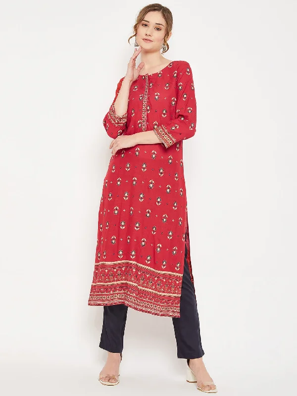 Women's Casual Round neck Red All over Printed Calf length Kurti