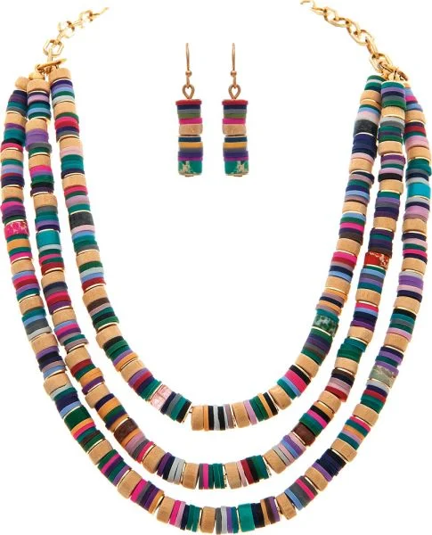 Gold Three Row Multicolor Rubber Disc Necklace Set