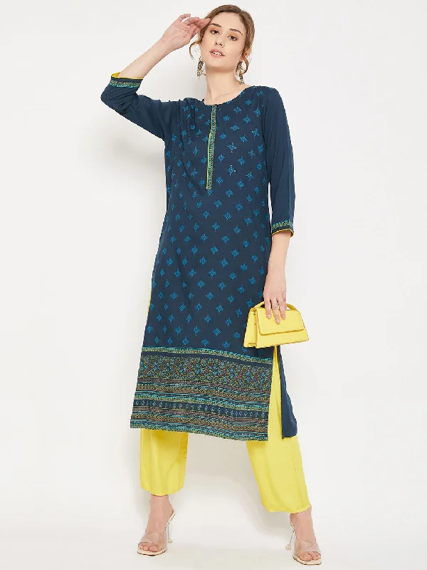 Women's Casual Round Neck Blue All Over Printed with border Calf Length Kurti