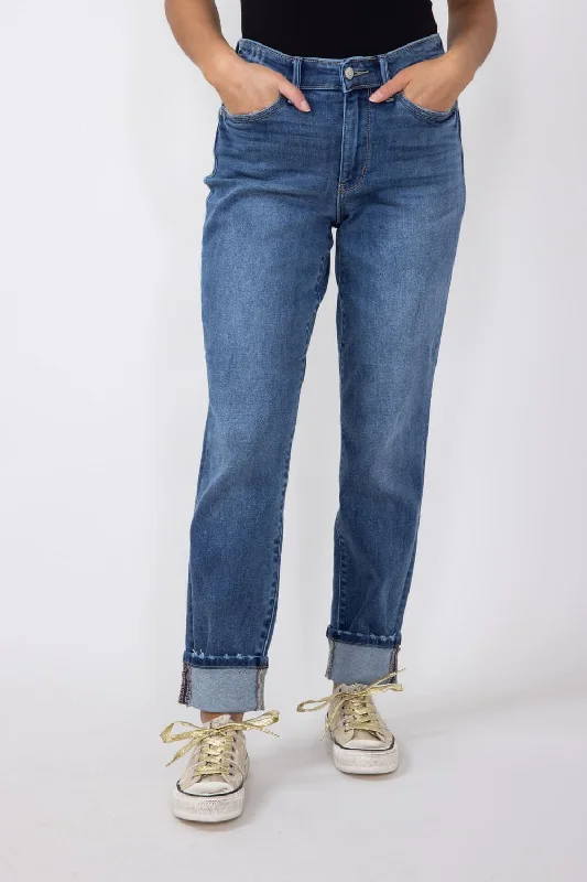 Judy Blue Mid-Rise Dark Wash Cuffed Boyfriend Jeans for Women | 82624REG