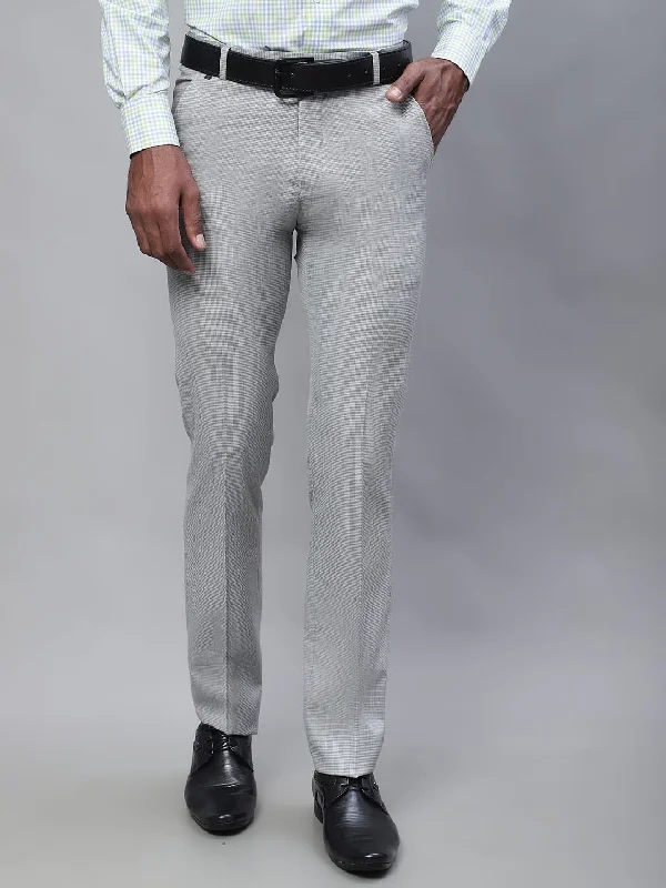 Men's Regular fit Flat front Light Grey Houndstooth Trousers