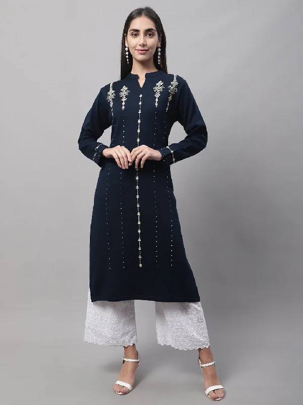 Women's Casual Mandarin Collar Navy Blue Embroidered Knee length Knit Kurti