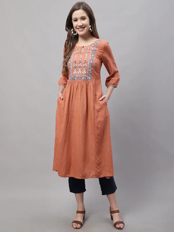 Women's Casual Round neck with keyhole Orange Embroidered Knee length Kurti