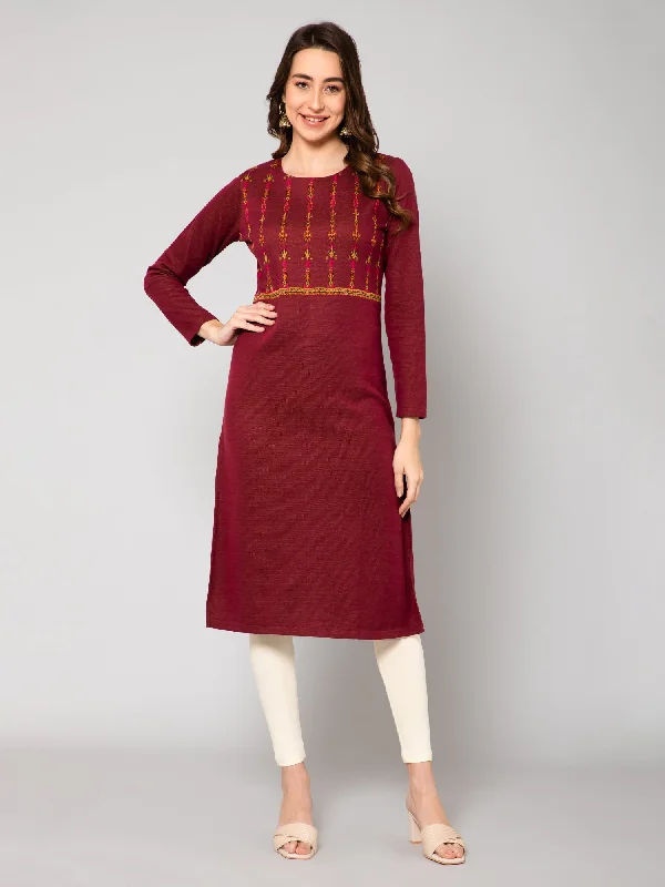 Women's Casual Round neck Maroon All over Jacquard Knee length Knit Kurti