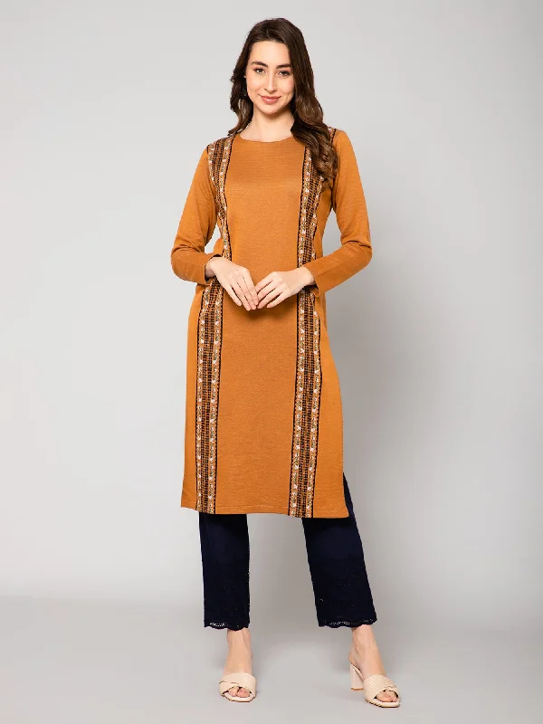 Women's Casual Round neck Rust All over Jacquard Knee length Knit Kurti