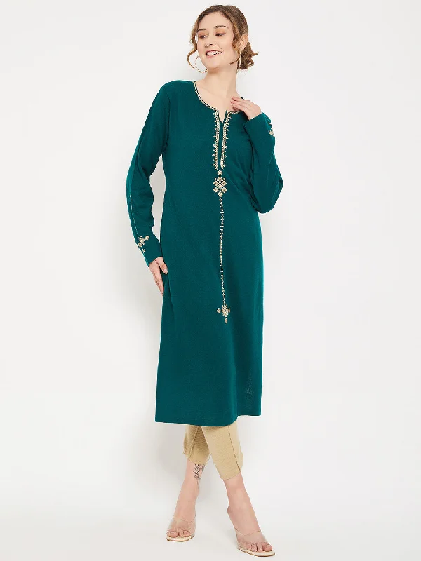 Women's Casual Round neck Green Embroidered Calf length Knit Kurti