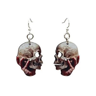 Wooden Skull in Hands Earrings