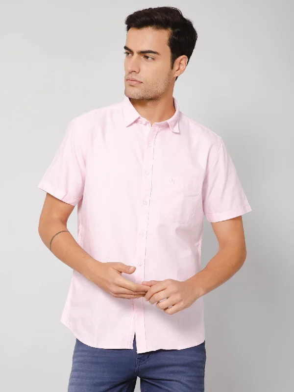 Cotton Solid Pink Half Sleeve Regular Fit Casual Shirt for Men with Pocket