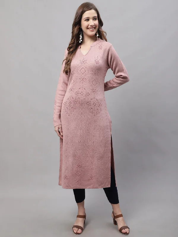 Women's Casual Mandarin Collar Pink All over Jacquard Calf length Knit Kurti