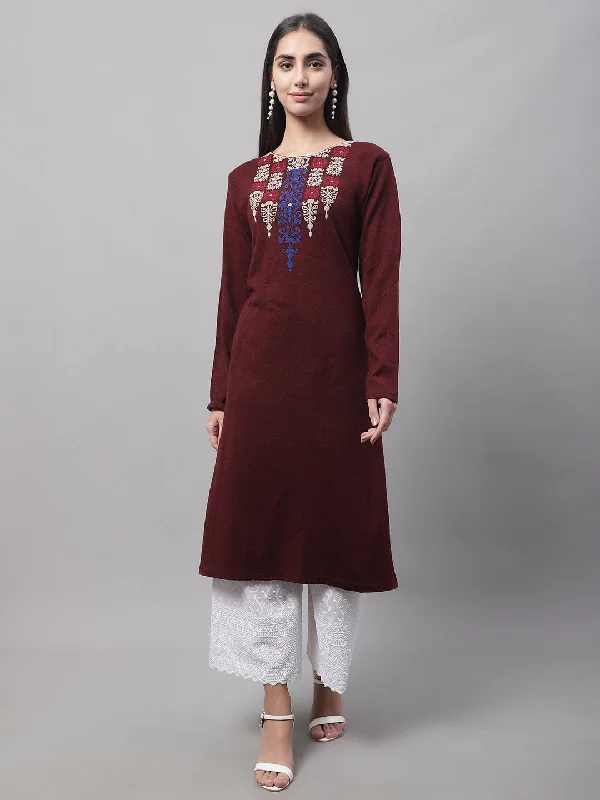 Women's Casual Round neck Maroon Embroidered Calf length Knit Kurti