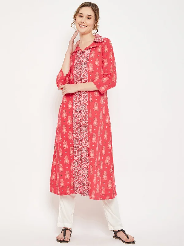 Women's  Shirt Collar Coral Printed Calf length Kurti