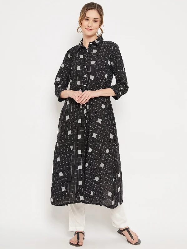 Women's Casual Spread Collar Black Checks Calf Length Kurti