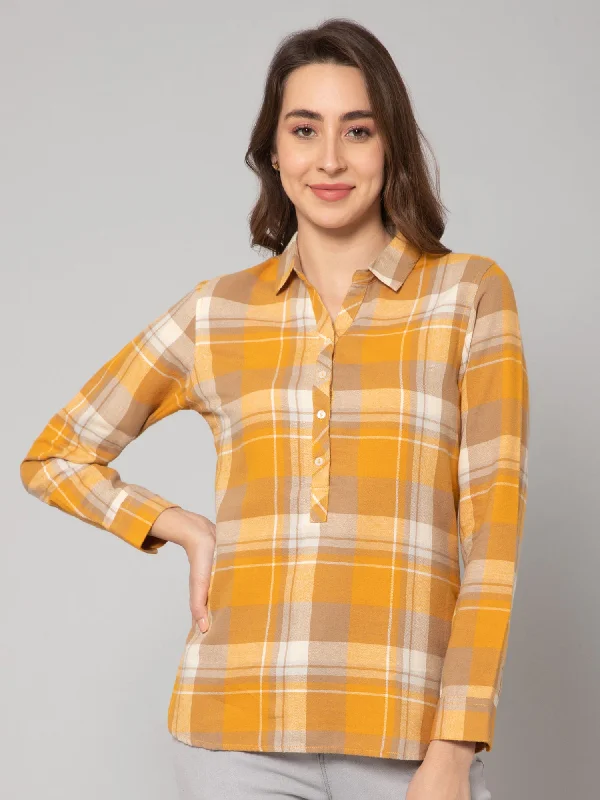 Women's Casual  Yellow Check Spread Collar Tunic