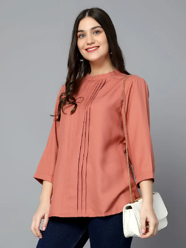 Women's Casual  Pink Mx Solid Band Collar Tunic