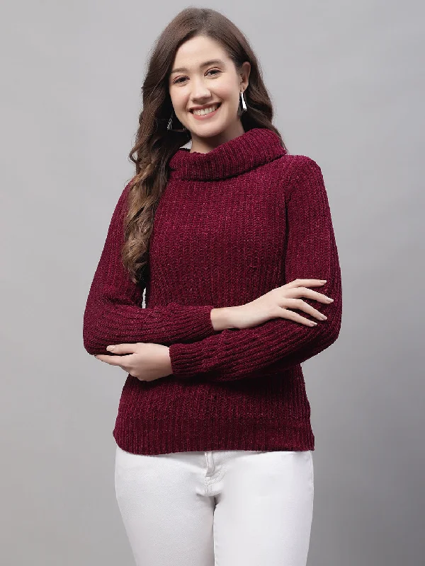 Women's Casual  Maroon Turtle neck Pullover Sweater