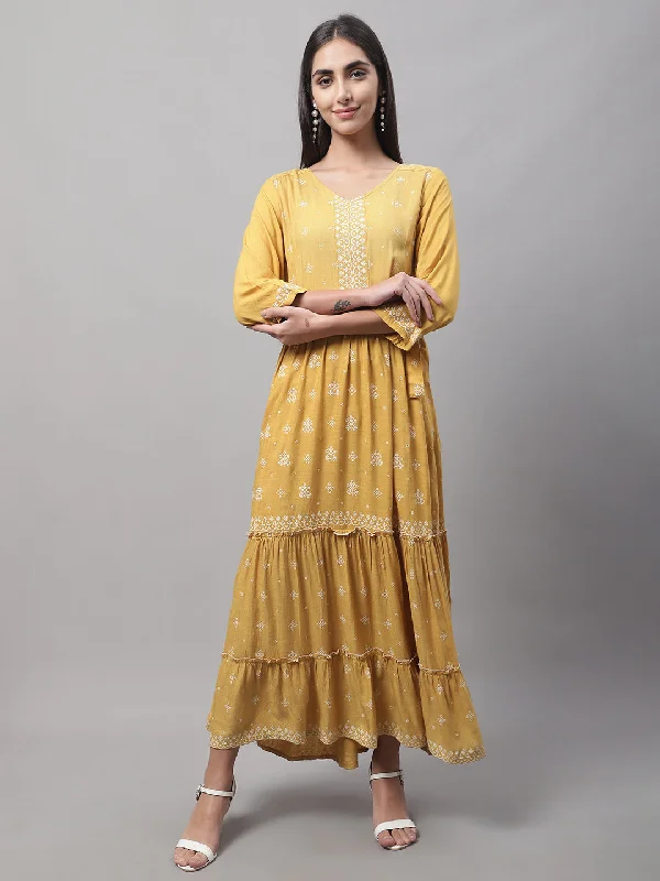 Women's Casual V Neck Mustard All Over Printed Calf Length Kurti