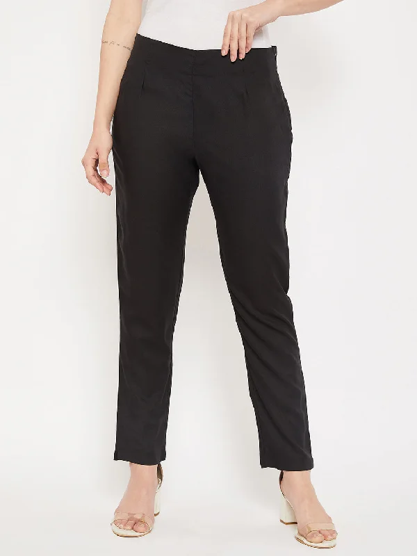 Women's Regular Slim Fit Black Flat Front Mid rise Pants