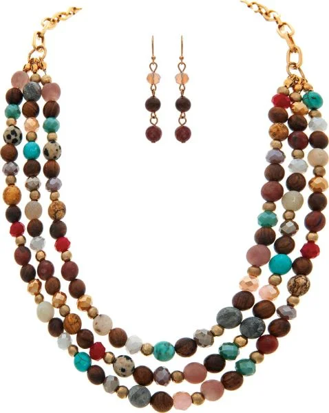 Gold Turquoise Brown Stone Bead Layer Necklace Set