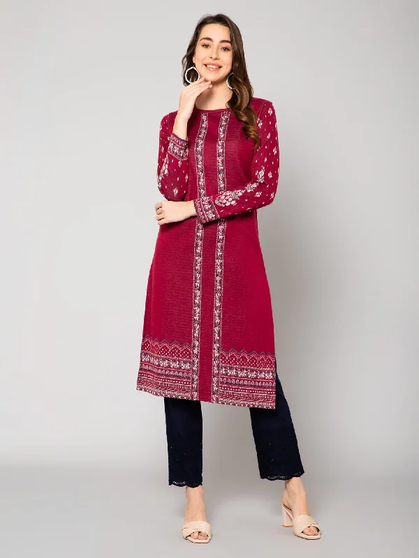 Women's Casual Round neck Maroon All over Jacquard Knee length Knit Kurti