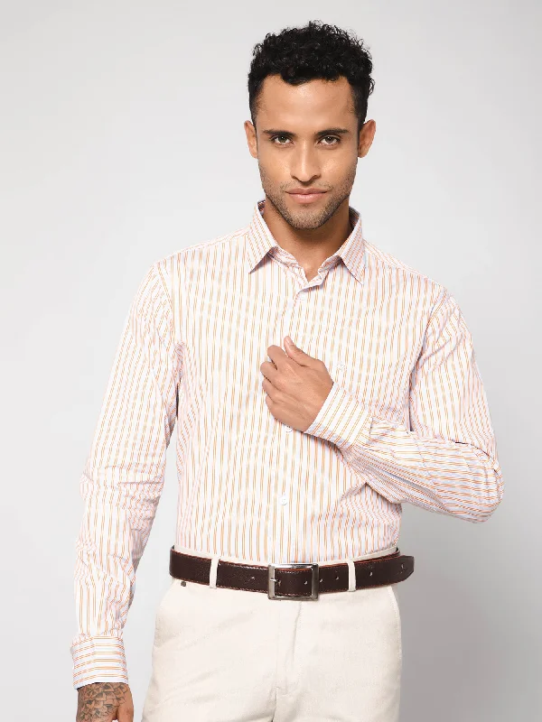 Men's Orange Formal Narrow Stripe Full Sleeve Shirt