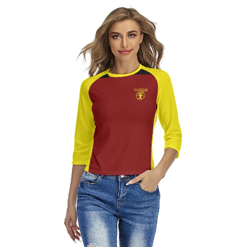 Yahuah-Tree of Life 02-01 Red Ladies Designer Slim Fit 3/4 Raglan Sleeve T-shirt