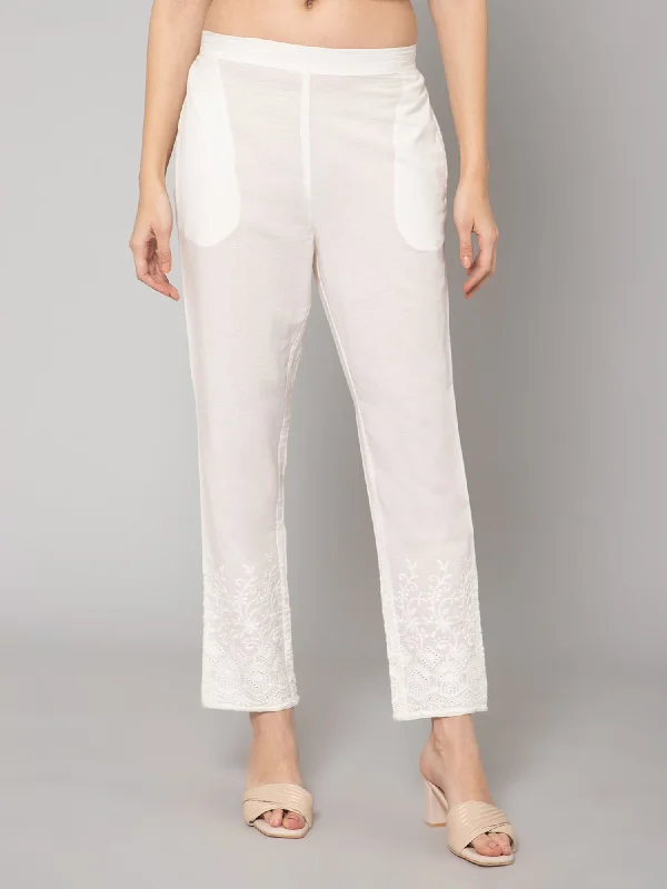 Women's Casual Regular Fit White Flat Front Mid rise Ethnic Pant