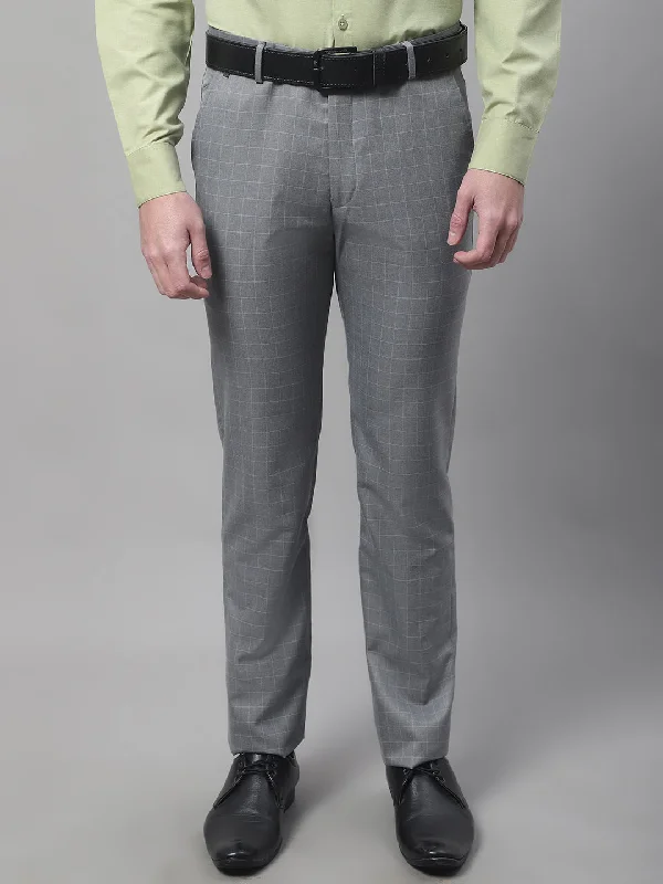 Men's Formal Flat front Grey Checks Trousers