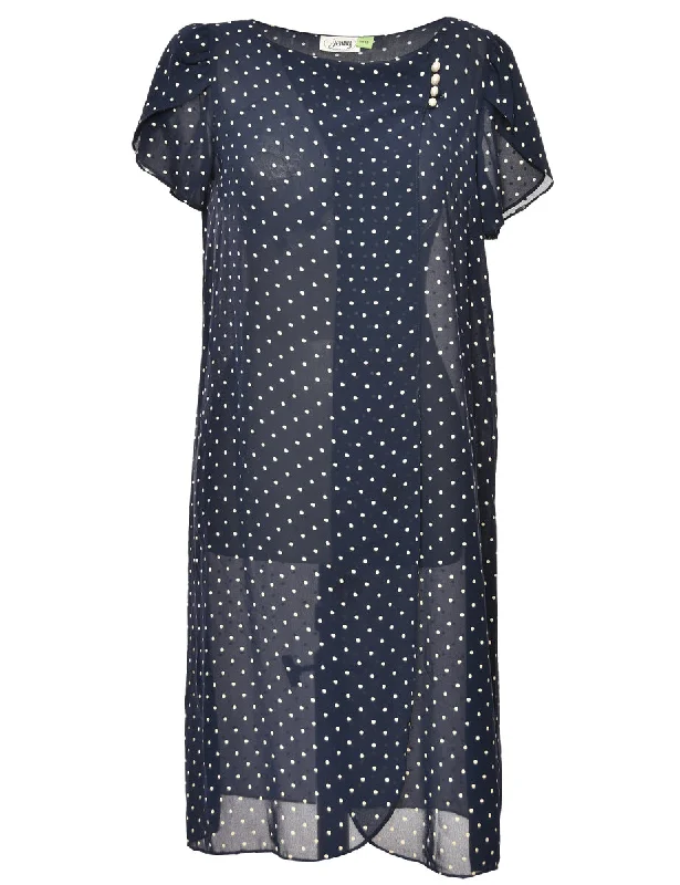 Navy & White Polka Dot Print Sheer Dress - L