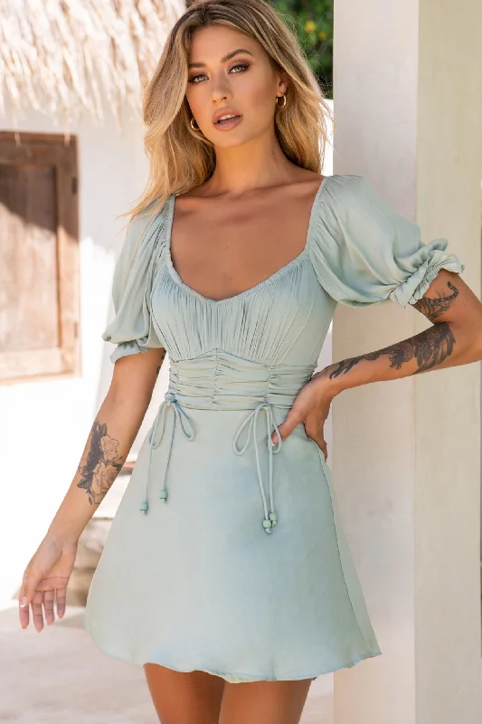 Bright Side Off-Shoulder Puff Sleeve Dress Pistachio