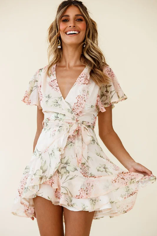 Cami Angel Sleeve Faux Wrap Dress Hydrangea Print Nude