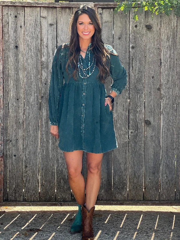 Diedra Dark Teal Corduroy Dress