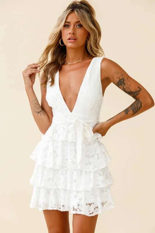 Queensland Tiered Frill Waist Tie Lace Dress White