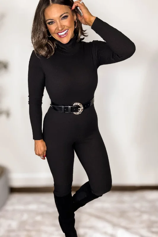 Slim Fit Black Ribbed Mock Neck Belted Catsuit Jumpsuit