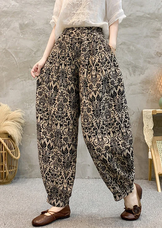 Black Pockets Cotton Summer Harem Pants Elastic Waist