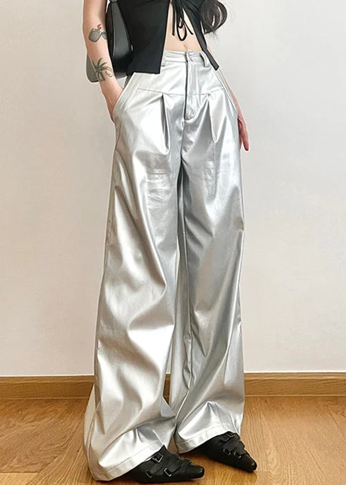 Chic Silver Pockets High Waist Wide Leg Pants Summer