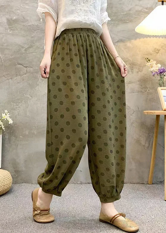 French Army Green Pockets Elastic Waist Cotton Harem Pants Summer