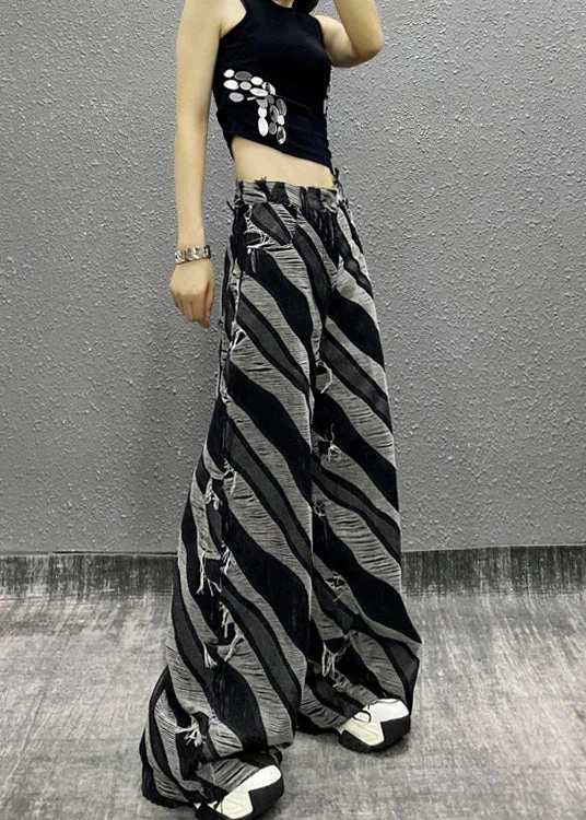 Italian Zebra Pattern Pockets Denim Wide Leg Pants Fall